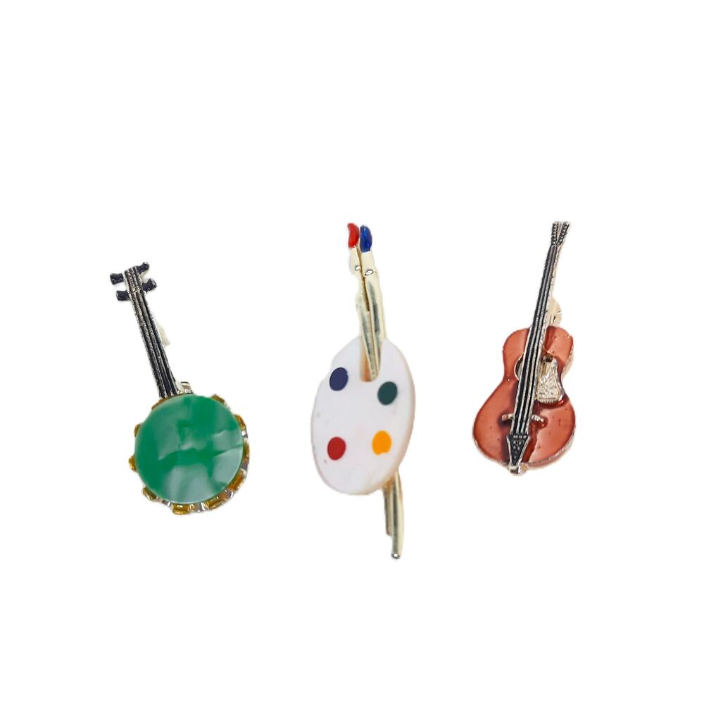 Vintage Trio Lapel Pin Set Gold Tone Musical Banjo Guitar Artist Palette Brooch